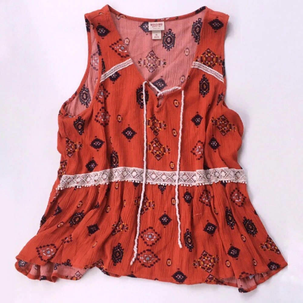 Aztec Red Orange Geometric Boho Tank Top with Lace
